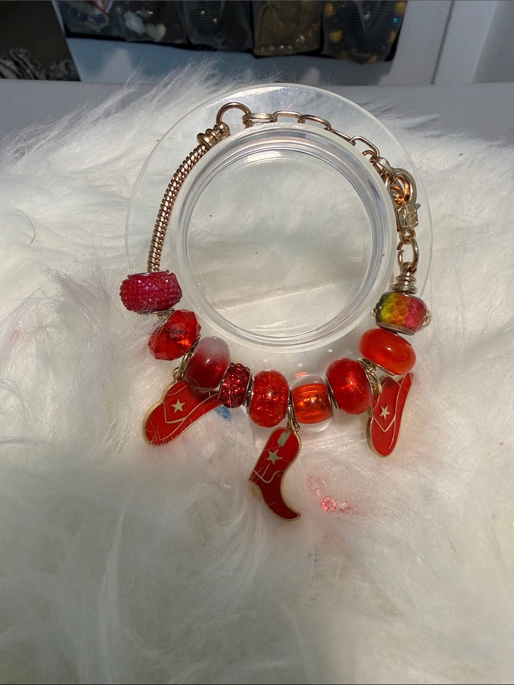 Gold Bracelet with Red Beads and Cowboy Boot Charms